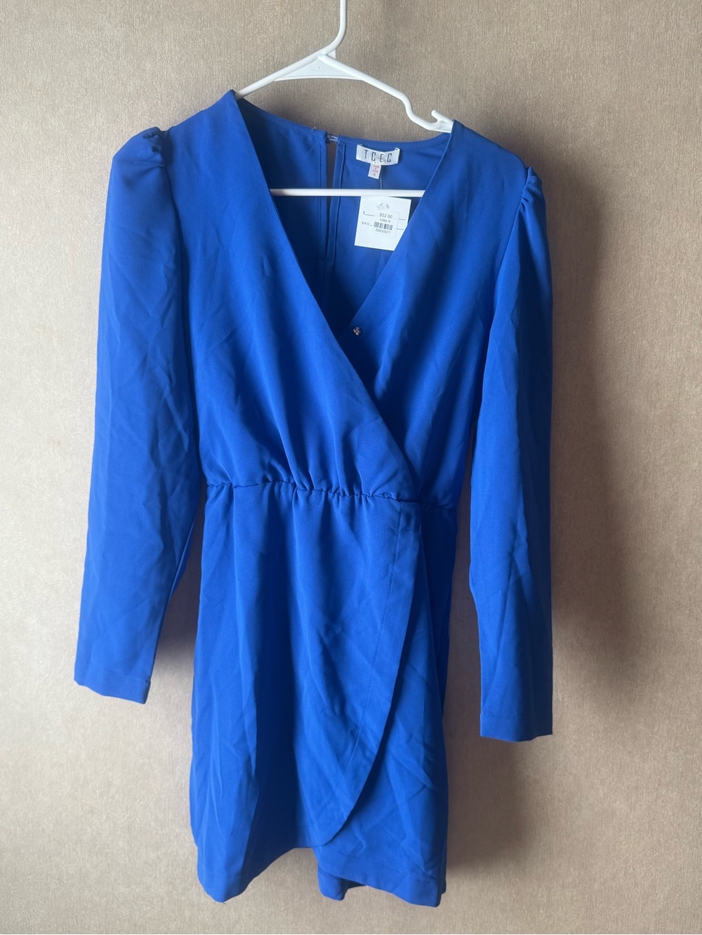 TCEC Cobalt Blue Faux-Wrap Long Sleeve Dress
